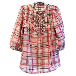 Outback Red Womens Small Plaid Ruffle Front 3/4 Sleeve Blouse Sheer Red White